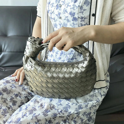 Gomayee Knoted Woven Handbag for Women Fashion Designer Ladies Hobo Bag Bucket Purse Faux Leather.Grey